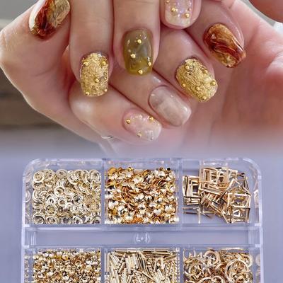 TEMU 6-grid Mixed Sizes Golden Nail Art Decorations, Metallic Studs With Hearts, Stars, Moons, Rings & Square Embellishments, 3d Copper Rivets For Punk Rock Party & Music Festival