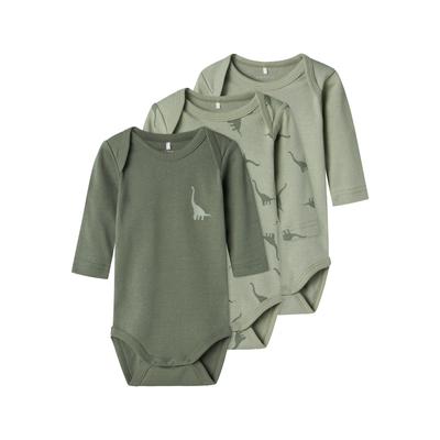 Schlafoverall NAME IT "NBMBODY 3P LS GREEN DINO NOOS", Baby, Gr. 56, N-Gr, grün (agave grün), Jersey, Obermaterial: 100% Baumwolle, bedruckt, casual, Rundhals, Langarm, Overalls Image