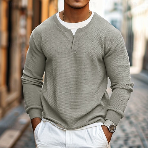 Homme Tee-shirt Gaufre Sweatshirt Pull T-shirt Chemise à Manches Longues manche longue Col ras du cou Col en V Printemps Automne Uni Mode Designer Basique Mode Faux deux pièces Vacances Rue Sortir