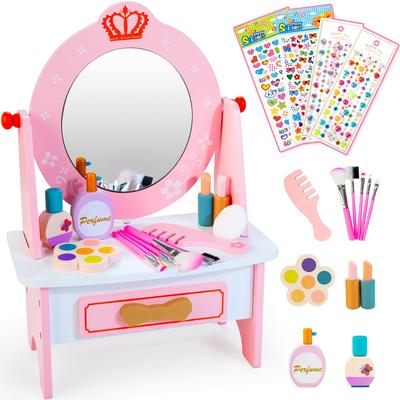 TEMU Chic Pink Wooden Vanity Set For Girls - Includes 360Â° Rotating Mirror, Makeup Accessories & Stickers - Perfect Pretend Play Toy For 3+