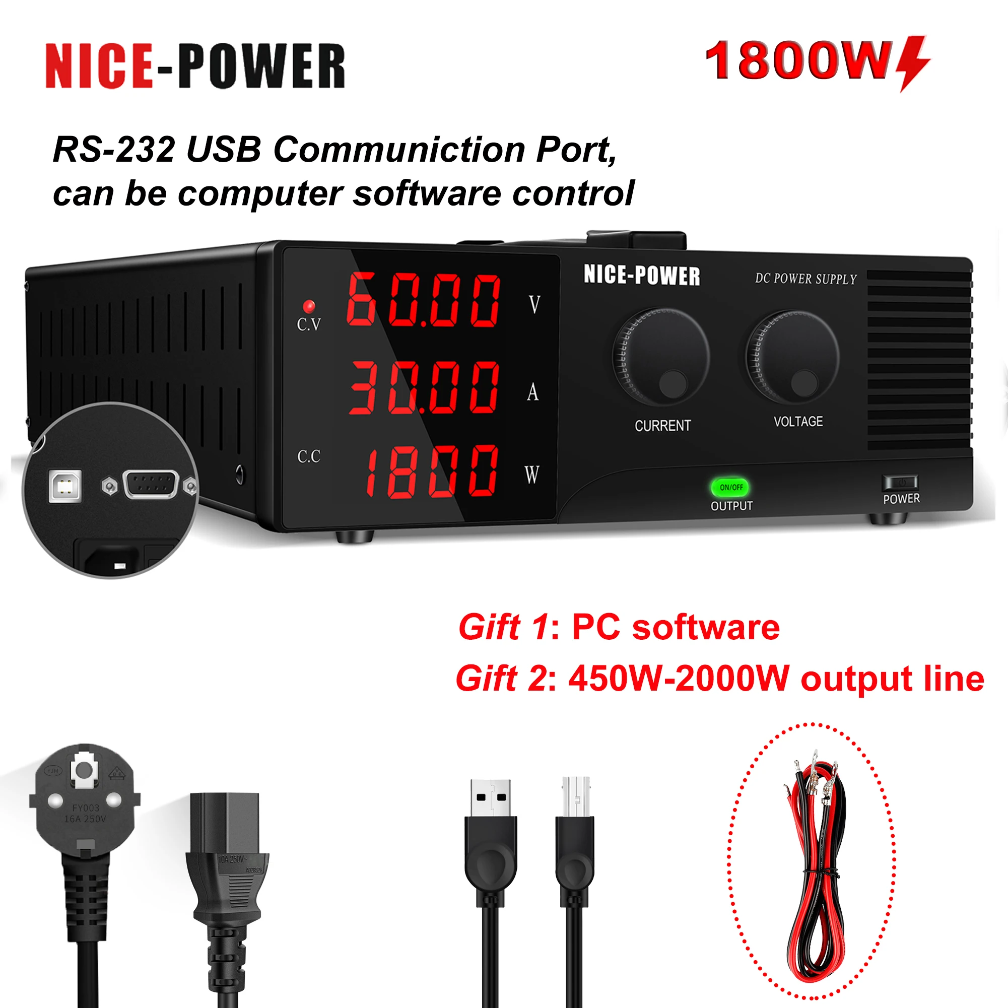 NICE-POWER 1800 W DC-Netzteil, variabel, 60 V, 30 A, Tischquelle mit RS-232-Anschluss, digitales, geregeltes Netzteil 30 V, 30 A Image