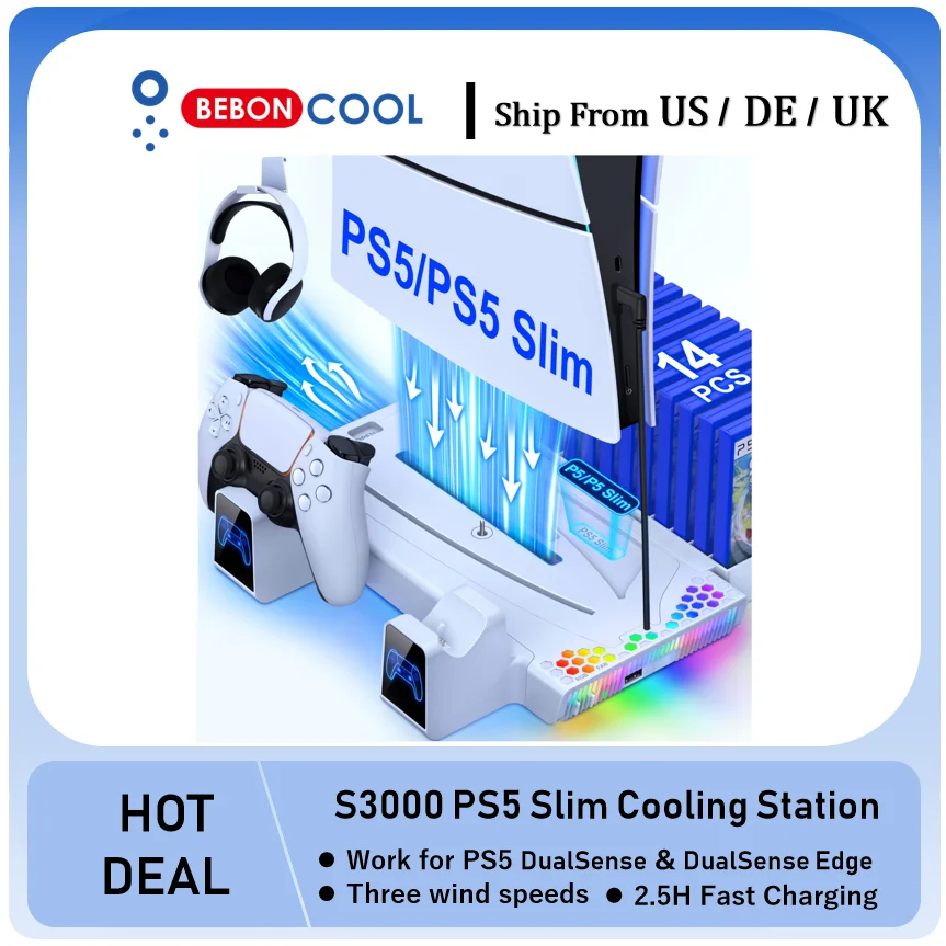 BEBONCOOL S3000 Vertical Stand For PlayStation 5 Slim/PlayStation 5 Cooling Station Notebook-Grade Cooler DualSense Charger