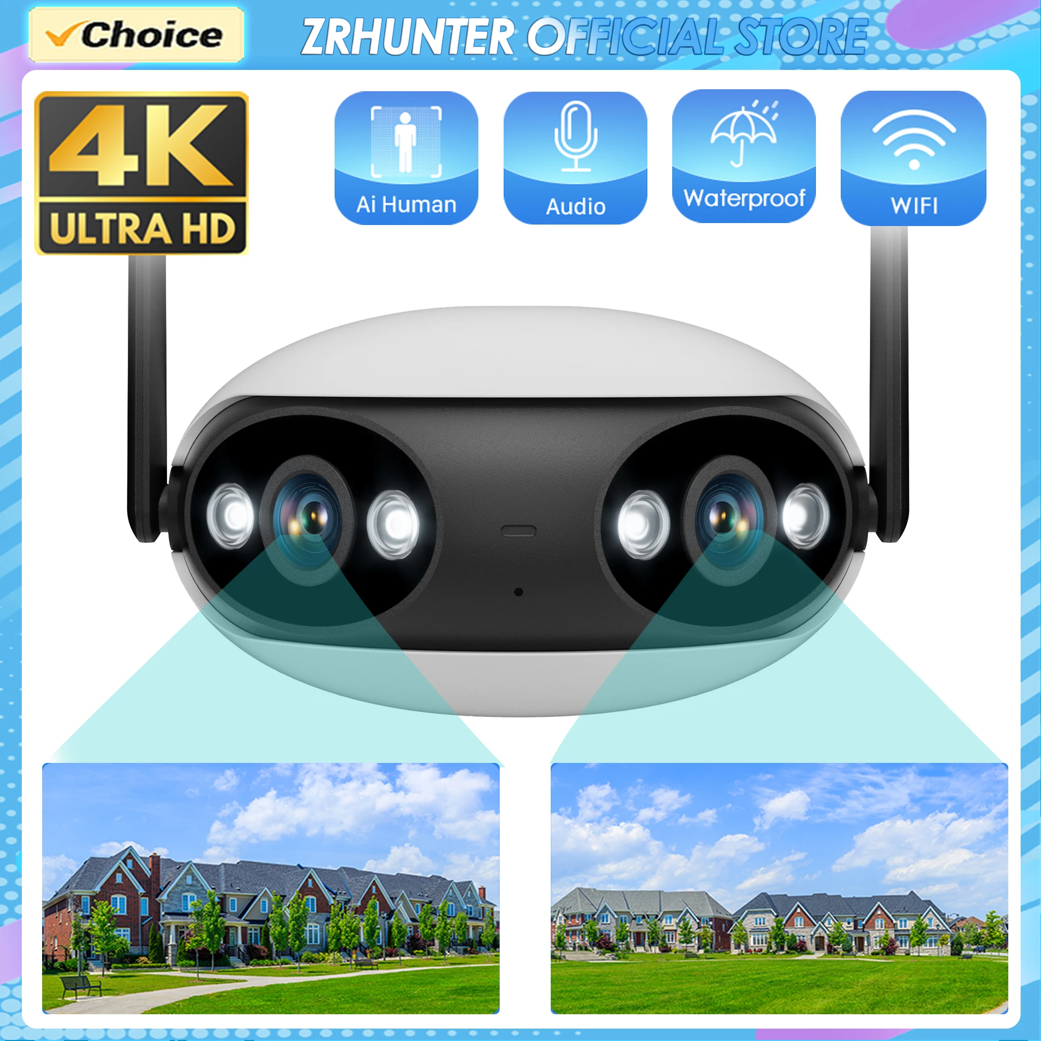 WiFi Smart IP-Kamera 4K 8 MP Panorama 180 ° Weitwinkel-CCTV für den Außenbereich, KI-Farbe, Nachtsicht, Heim-CCTV-Videoüberwachung Image