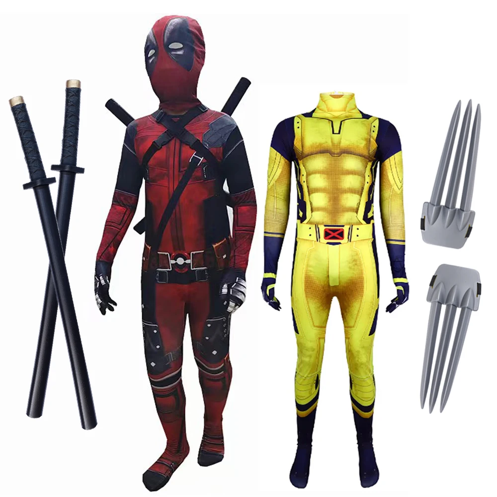 Deadpool vs Wolverine Jungen Superheld Cosplay Spandex Anzüge mit Zubehör Schwerter Krallen Kinder Geburtstagsgeschenk Spielzeug Rollenspiel Image