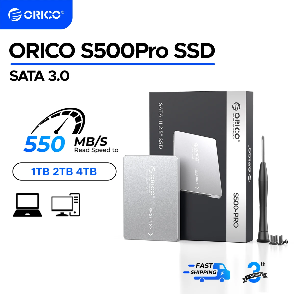 ORICO SATA III SSD 2,5 Zoll internes Solid-State-Laufwerk Aluminium NAND 1 TB 4 TB bis zu 550 MB/s für Upgrade-PC-Laptop-Desktops S500PRO Image