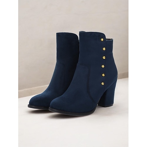 Schwarze Wildlederstiefeletten für Damen mit Kunstfellfutter und goldenen Knopfakzenten – stylische Stiefel mit Blockabsatz für den Winter Image