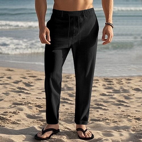 Herren Leinenhose Hose Hosen Sommerhosen Strandhose Kordelzug Elastische Taille Gerade geschnitten Glatt Komfort Atmungsaktiv In voller Länge Täglich Festtage Strand Urlaub Modisch Schwarz Weiß Image