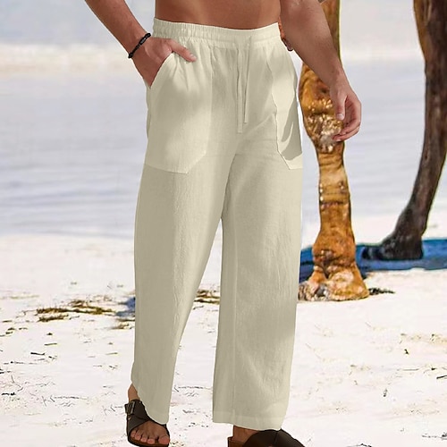 Herren Leinenhosen Hose Sommerhose Baggy-Hosen Strandhose Kordelzug Elastischer Bund Gerader Schnitt Einfach Komfort Atmungsaktiv Volle Länge Täglich Outdoor Ferien Urlaub Mode Schwarz Weiß Image