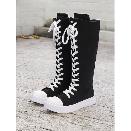 kniehohe Schnürstiefeletten aus schwarzem Canvas für Damen mit weißer Sohle – lässiges Schuhwerk im Retro-Stil für Alltag und Streetfashion Image