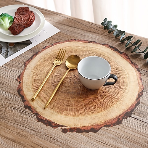 wasserfeste Tischsets aus Holz mit Baumring und 3D-Stamm, 4er-Set, Esstisch-Dekorationsunterlage mit Waldmotiv im Bauernhaus-Stil für Zuhause, Hotel, Party, PP-Material, rustikale Wärmedämmmatte mit Image