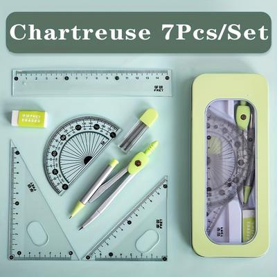 TEMU 7-piece Geometry School Supplies Kit With Compass, Protractors, Ruler, And Eraser - Durable Plastic Math And Drawing Tools For Students Image