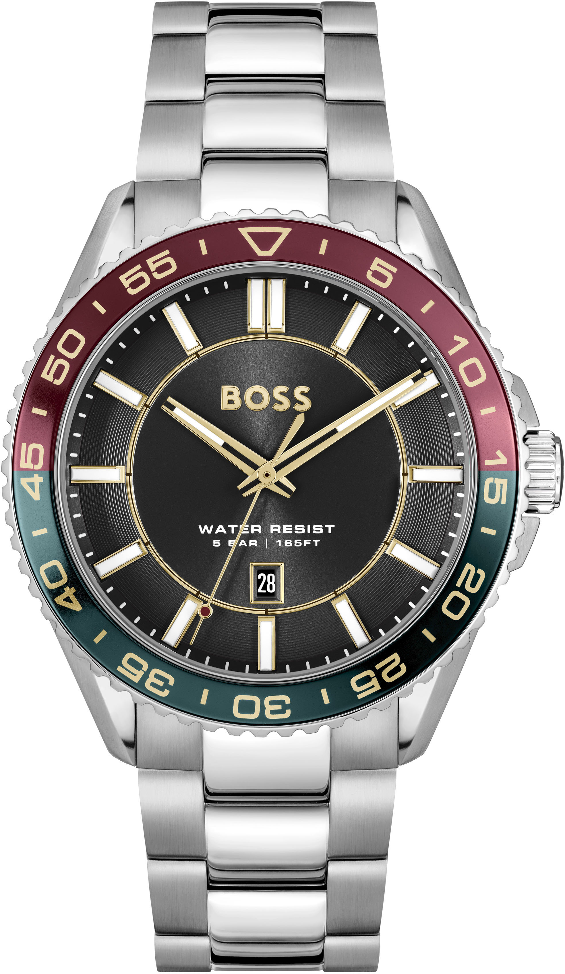 Quarzuhr BOSS "RUNNER 3H", silber (silberfarben, schwarz), Armbanduhren, Damen, Quarzuhr, Armbanduhr, Herrenuhr, Edelstahlarmband, analog, Tag