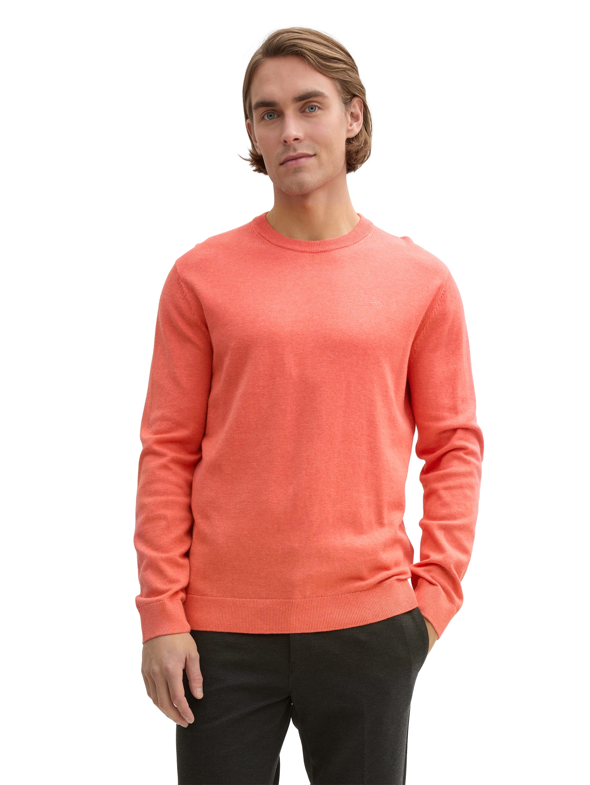 Rundhalspullover TOM TAILOR, Herren, Gr. 3XL, orange (coral rot melange), Strick, Obermaterial: 100% Baumwolle, meliert, regular fit, Rundhals, Bündchen, Pullover, mit Logostickerei Image