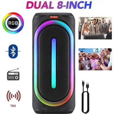 Dual 8'' Portable Bluetooth Party Speaker Heavy Bass Sound with RGB Light Show Rechargeable TWS FM