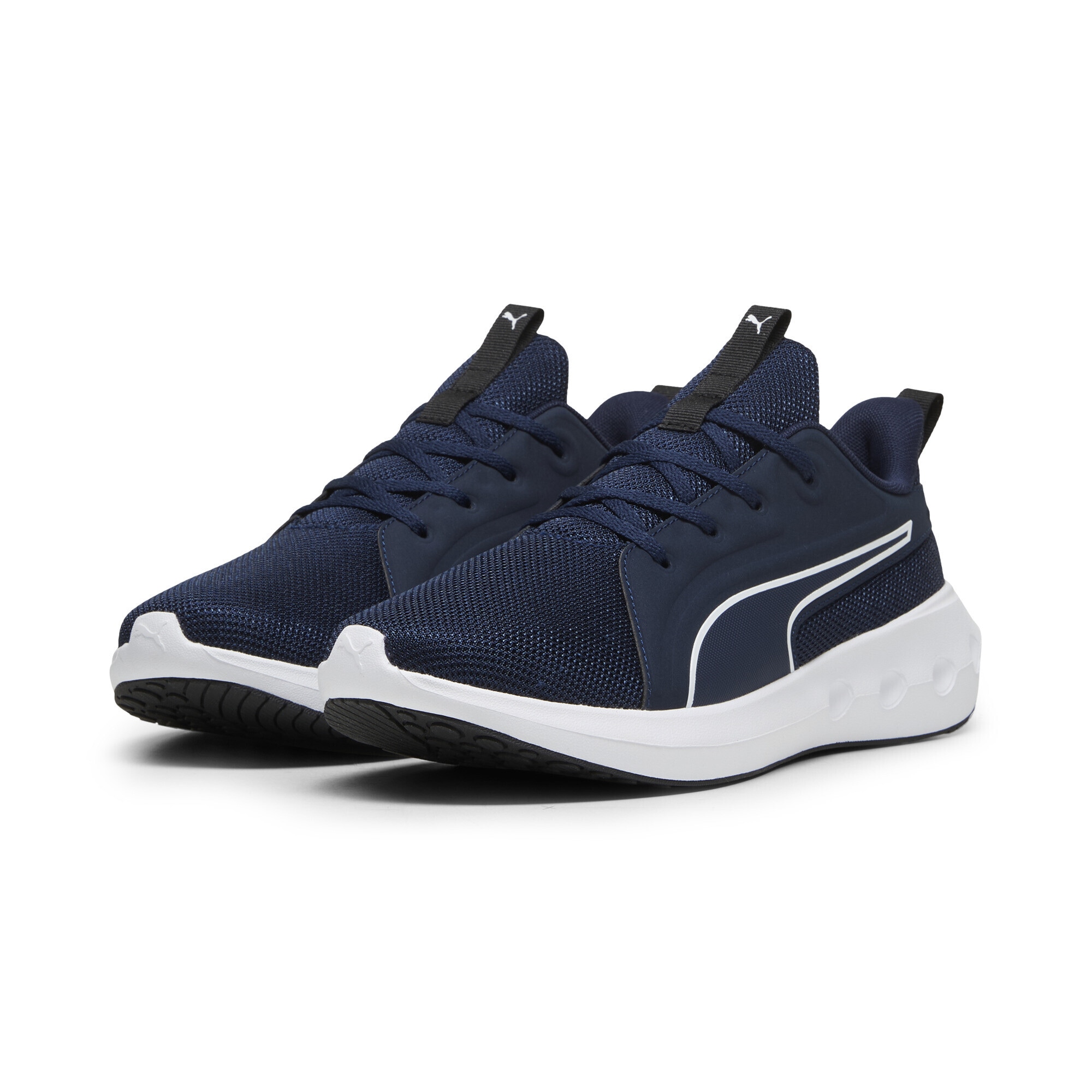 Trainingsschuh PUMA "SOFTRIDE Carson Laufschuhe Erwachsene", Damen, Gr. 46, blau (club navy weiß schwarz blau), Obermaterial: Textil, Synthetik; Futter: Textil; Innensohle: Textil; Laufsohle: Gummi, Schuhe
