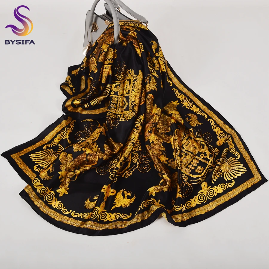 BYSIFA | Nuovo Nero Oro Sciarpa di Seta Pura Scialle di Marca di Moda Sciarpe di Lusso Hijab Primavera Autunno Accessori Sciarpa Mantello 110*110 cm