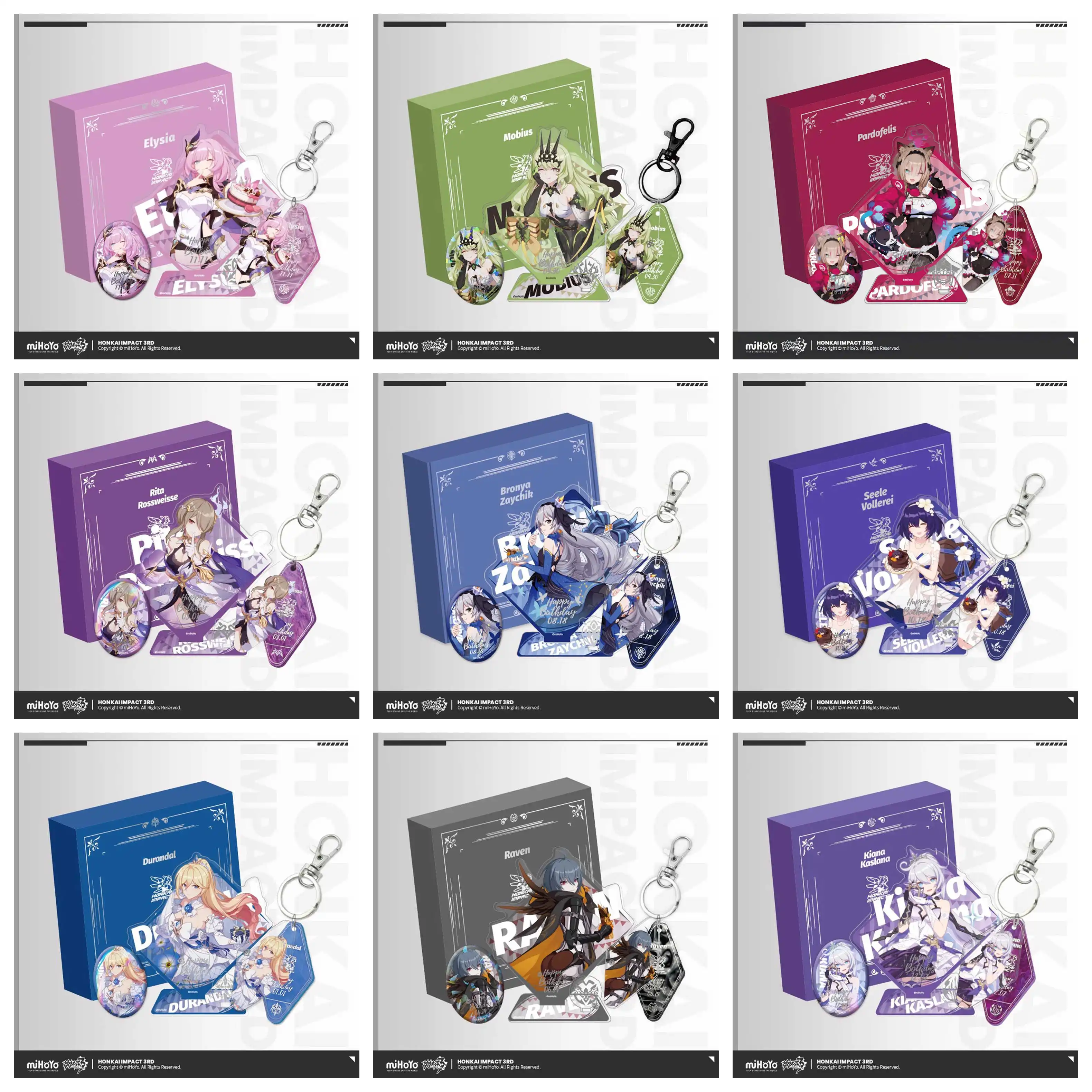 [Original] Honkai Impact 3RD VALKYRIES Geburtstagsgeschenkbox Vol.1 Kiana Elysia Mobius Seele Stand Anhänger Abzeichen Weihnachtsgeschenk miHoYo Cos