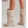 Surkova Beige Schwarz Wildleder Chunky Ferse Mid-kalb Stiefel Elegante Gefaltete Mitte Stiefel Gefaltet Block Heels Kleid Schuhe Size46