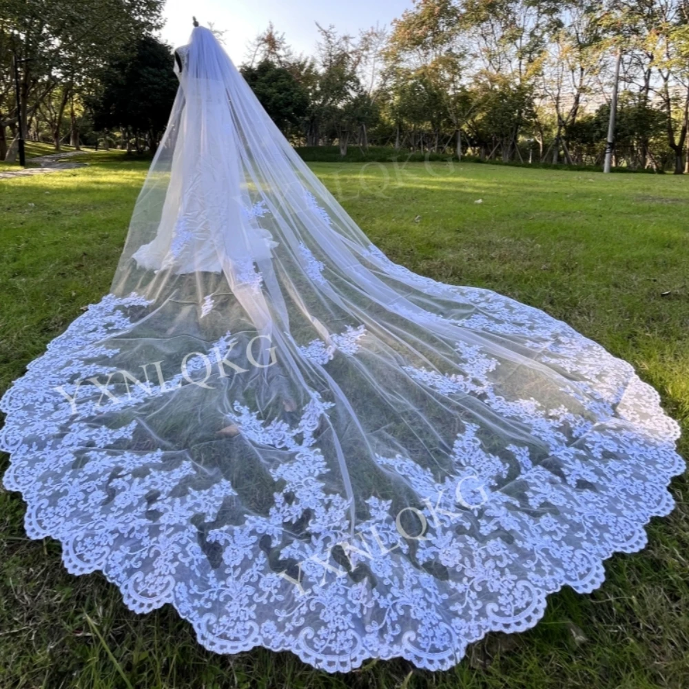 Weißer, elfenbeinfarbener Brautschleier, 3 m, 4 m, 5 m, einlagiger Hochzeitsschleier mit Kamm, Spitzen-Brautschleier, appliziertes Kathedralen-Hochzeitszubehör