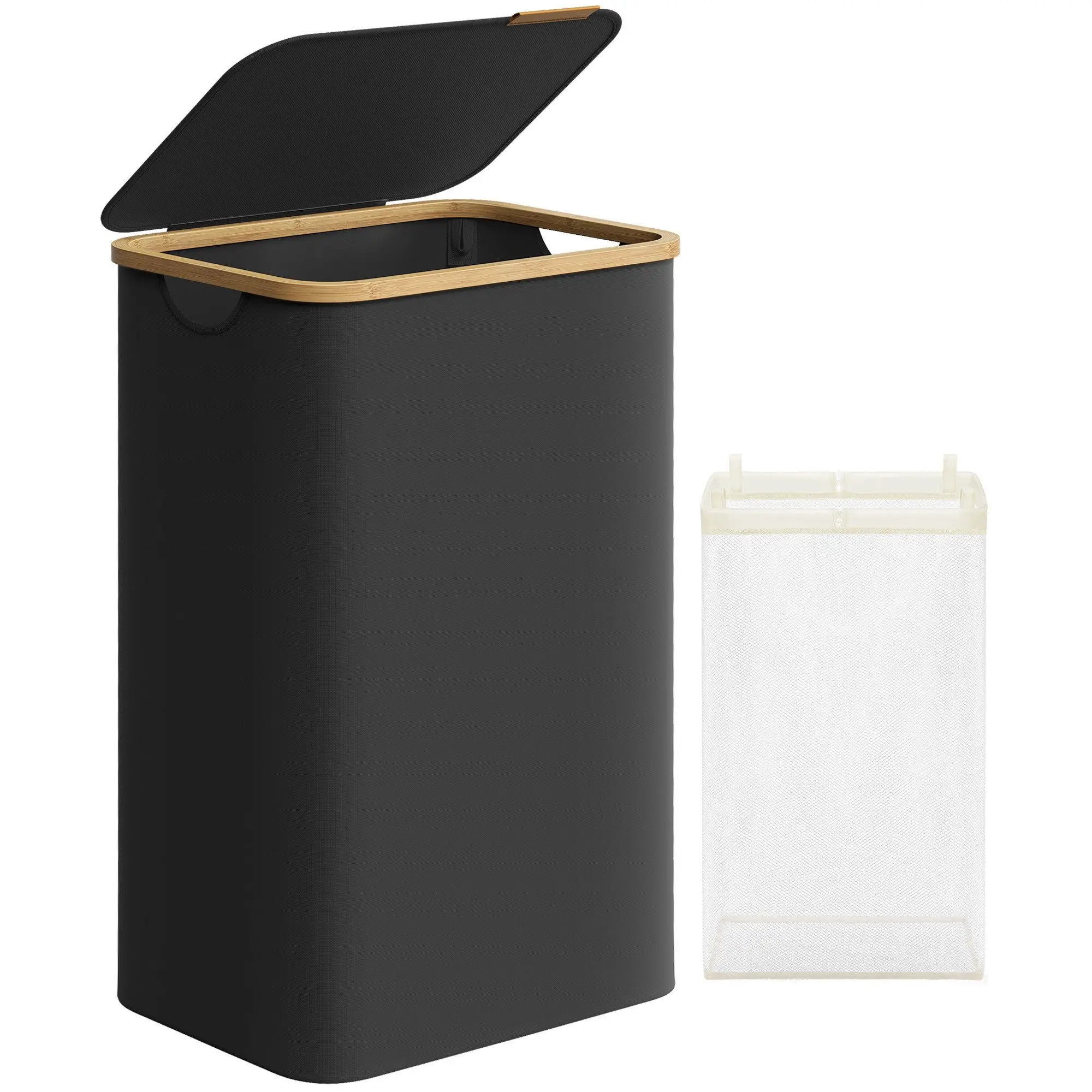 SONGMICS Wäschekorb mit Deckel, Wäschesammler 90 L, herausnehmbarer Wäschesack, Oxford-Gewebe, Griffe aus Bambus