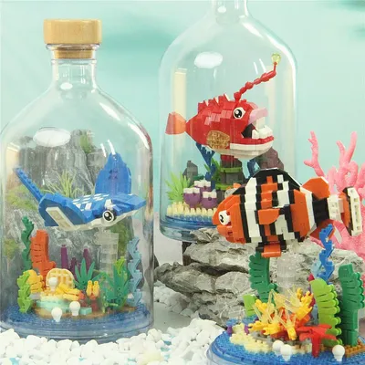 Meeres bewohner Clown fisch Stachel rochen Pinguin Laterne Fisch Mini Bausteine Meeres welt Tiere Kinder Lernspiel zeug Image