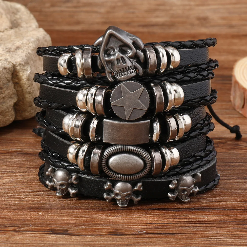 5 stücke Punk Stil Woven Leder Armbänder Für Männer Hip Hop Legierung Spitzen Schädel Leder männer Pull-Out armband Set Geschenke