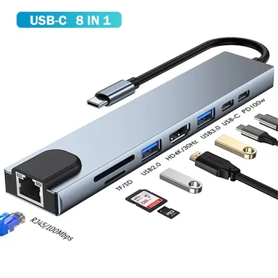 8-in-1 USB-C-Hub Typ C auf Multiports 4K RJ45 PD Charge SD/TF-Kartenleser Typ C auf USB-Adapter-Dock Image