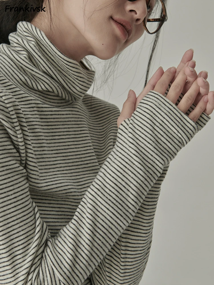 Striped T-shirts Women Spring Cozy Long Sleeved All-match Daily Elegant Classic Turtleneck Tops Hot Sales Korean Style Clothing
