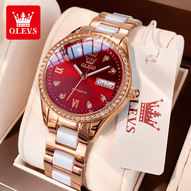 Olevs 6637 Damen mechanische Uhren wasserdicht Auto Datum Woche Kalender Armbanduhr Top Original voll automatische Uhr für Frauen Image