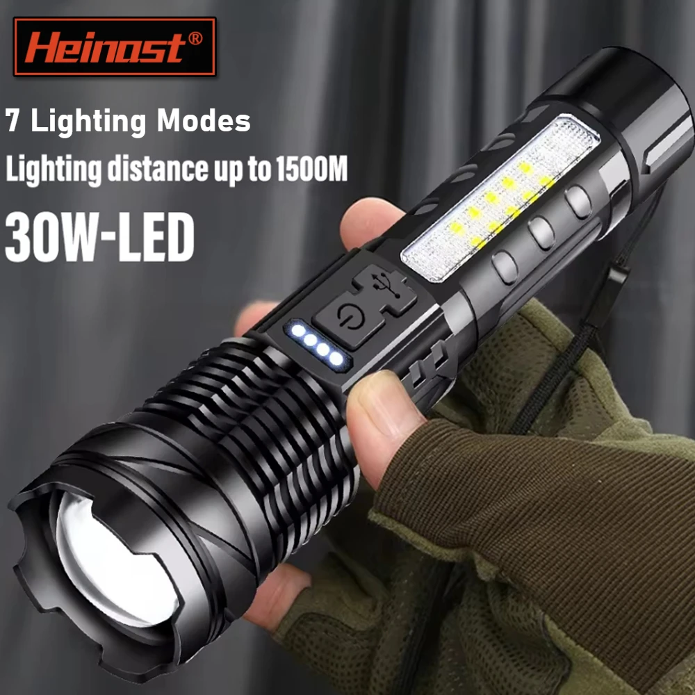Hochleistungs-LED-Taschenlampe, Laterne, 7 Beleuchtungsmodi, COB-Seitenarbeitslicht, Taschenlampe, taktischer Selbstverteidigungsstrahler, wiederaufladbare Lampe Image