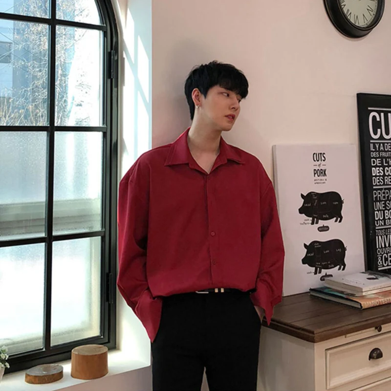 Doppel Kragen Langarm Shirt Männer Weißes Hemd Vintage Weinrot Shirts Männer Koreanische Bequeme Bluse Casual Lose Revers Hemd