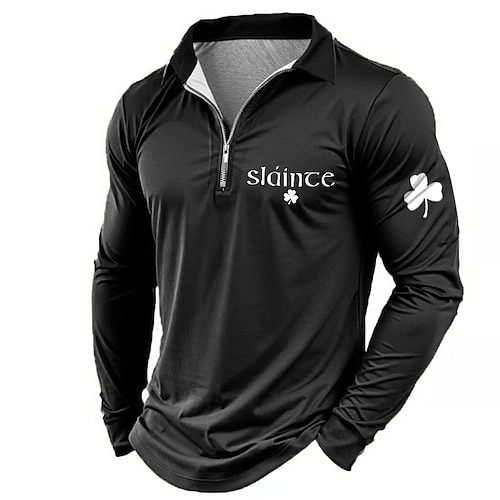 Polo a maniche lunghe con lettera stampata da uomo polo con zip camicie golf polo a maniche lunghe camicie colletto abbigliamento vintage casual outdoor quotidiano stampa 3D polo a zip a quarti
