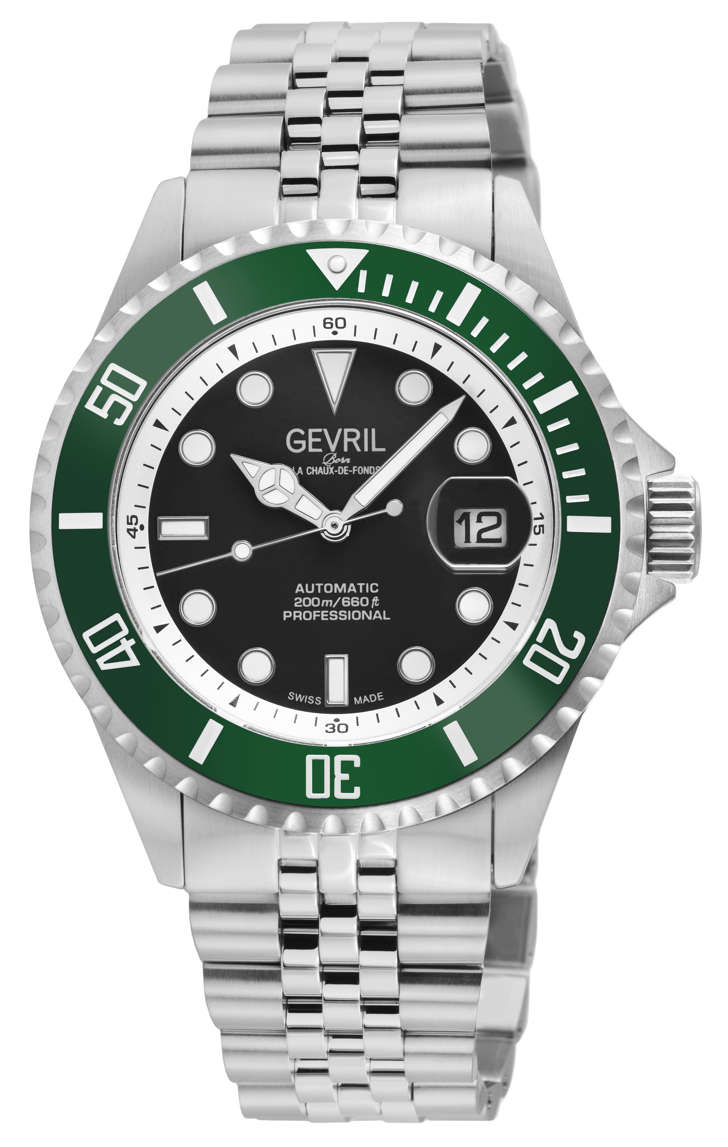 Gevril Mens Wall Street Swiss Automatic Watch, SS Case, Green Bezel, Black Enamel Dial, SS Satin and Polished Bracelet - Silver - One Size