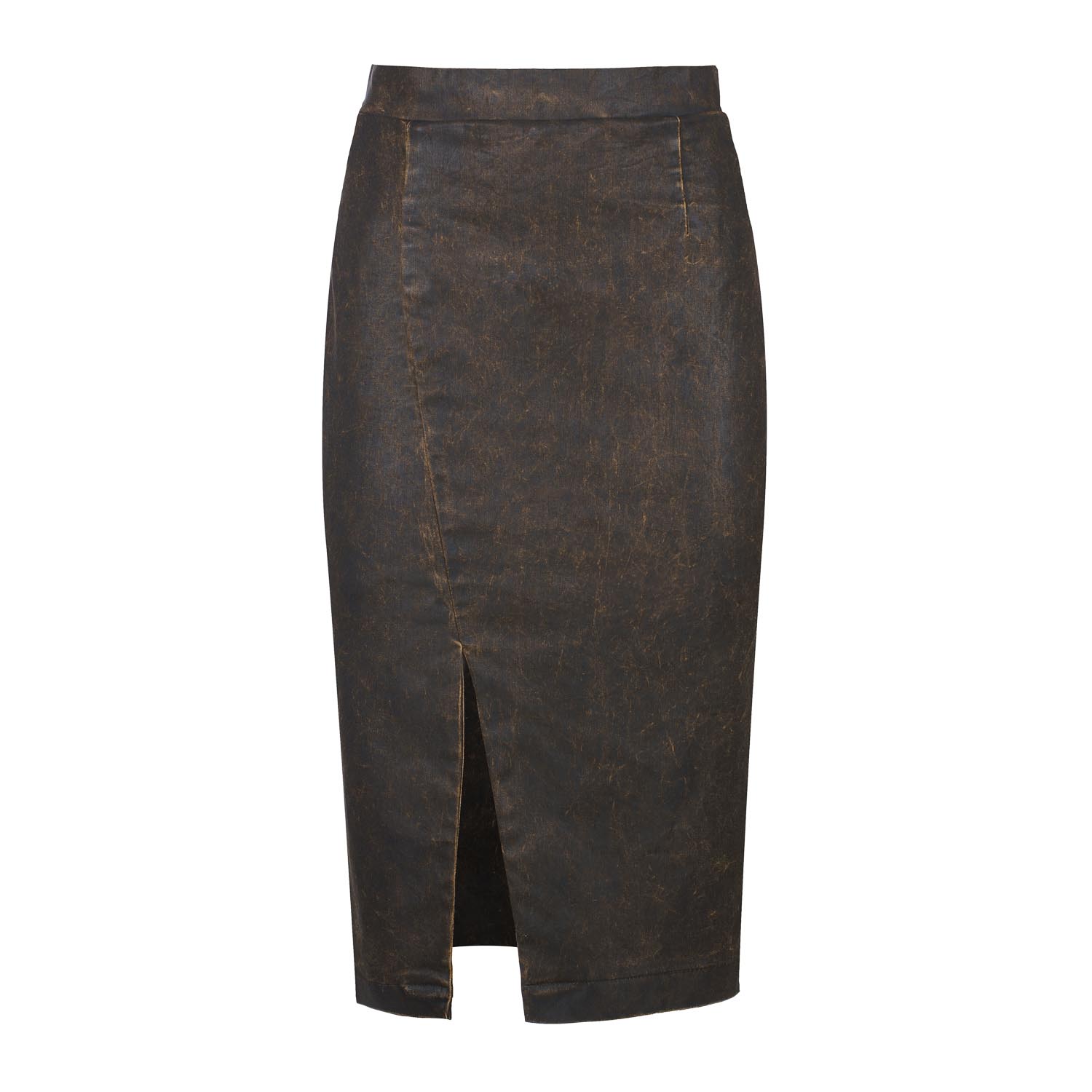 Dunkelbrauner Midi-Rock im Jeans-Look mit Waschung – Frontschlitz, Verdeckter Reißverschluss Image