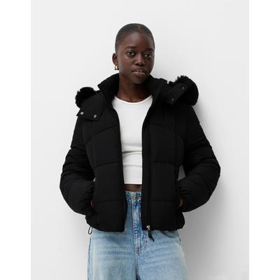 Bershka Puffer Jacket With Faux Fur Hood Women L Black