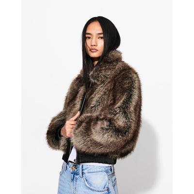 Bershka Leather Effect Contrast Faux Fur Jacket Women Xs Beige