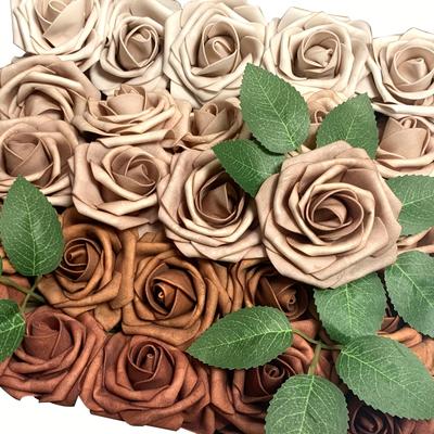 TEMU 25pcs Vintage Dark Orange Artificial Roses - Flowers For Diy Bouquets, Boutonnieres & Home Decor | Ideal For Weddings, Birthdays, Holidays & More