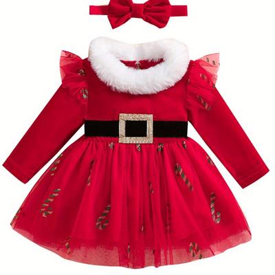 TEMU Baby Girl 2pcs Christmas Outfits Long Sleeve Tulle Dress + Headband Set Infant Clothes 3 6 12 18 24 Months 2-3 Years Old Kids