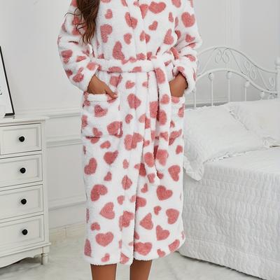 TEMU Women's Peach Heart Nightgown, Thickened Robe, Autumn And Winter Styles, Velvet Style, Clothes, , Outdoor Vacation Pajamas