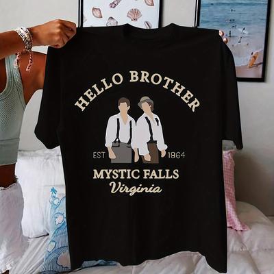 TEMU Plus Size Brother Print T-shirt, Casual Crew Neck Short Sleeve Top For , Women's Plus Size Clothing Image