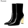 2025, herbst Winter Patent Leder Mode Frauen Stiefeletten Elegante Karree Metall Gold High Heels Chelsea Kurze Stiefel Schuhe