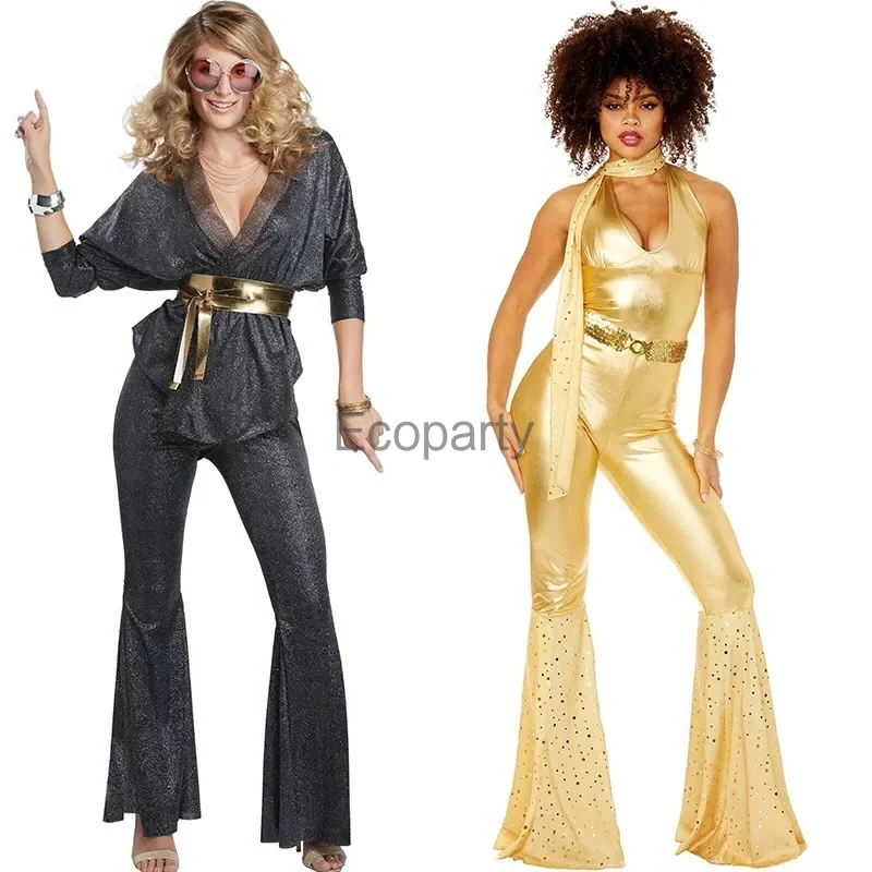 Frauen Sexy 70er Jahre Rock Disco Hippies Cosplay Kostüm Erwachsene Halloween 80er Hippies Tanz Outfits Karneval Party Performance Kostüm