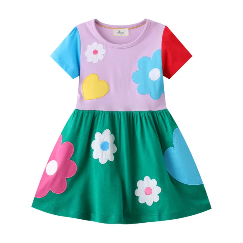 Springen Meter Heißer Verkauf Sommer Kurzarm Blumen Herzen Stickerei Baumwolle Prinzessin Mädchen Kleider Baby Geburtstag Kleider Image