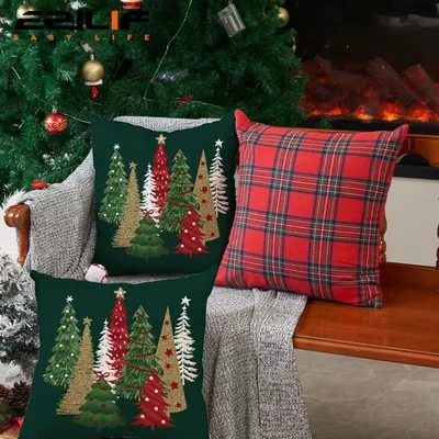 45 x 45 cm Weihnachts-Kissenbezüge, karierter Kissenbezug, dekorativ für Sofa, karierter gewebter Kissenbezug für festliche Party-Anlässe Image