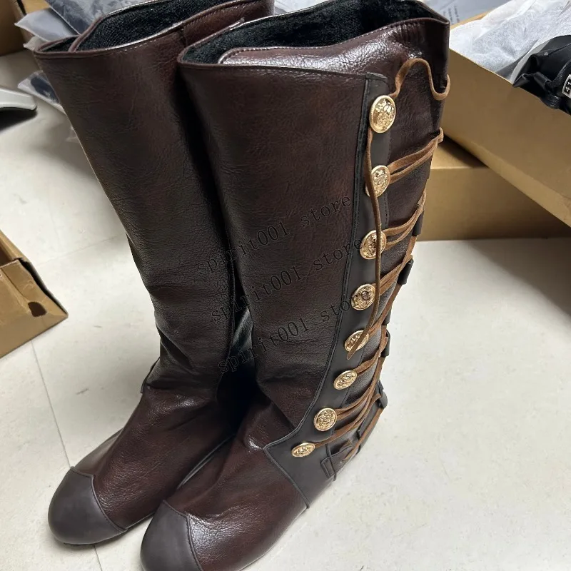 Frauen Mittelalter Steampunk Retro Reißverschluss PU Leder Piraten Stiefel Retro Botton Knight Hunter Karneval Party Cosplay Schuhe Image