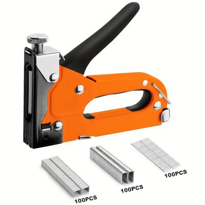 TEMU 1pc 3-in-1 Staple Kit With 300pcs , Hand Operated Carbon Steel Tool For Upholstery, Fixing Material, Decoration, Carpentry, Furniture, Orange