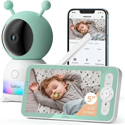 BOIFUN 2K 5" Baby Monitor Camera, Colorful Night Lights, 360° Rotation with Phone App, Motion Monitoring, Automatic Tracking