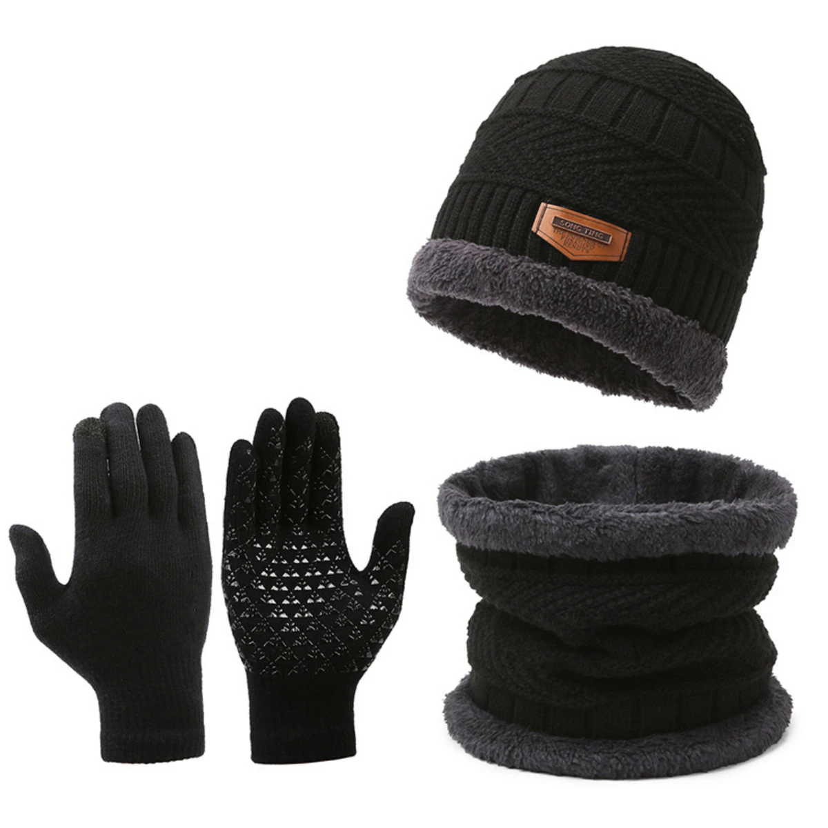 3-teiliges Set aus warmen, mit Plüsch gefütterten Strickmützen, Schals und Handschuhen, Winteraccessoires