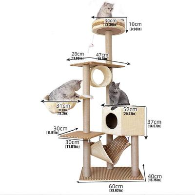 61 Inches Cat Tree/Cat Tree House and Towers for Large Cat/Cat Climbing Tree with Cat Condo/Cat Tree Scratching Post/Perches/Hammock, Multi-Level Large Cat Tree