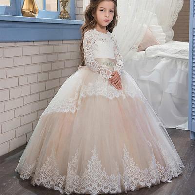 Flower Girl Dress Kid's Girls' Princess Dress Performance Wedding Party Elegant Beautiful Mesh Solid Color Long Sleeve Crew Neck Light Yellow Light Pink 4 years